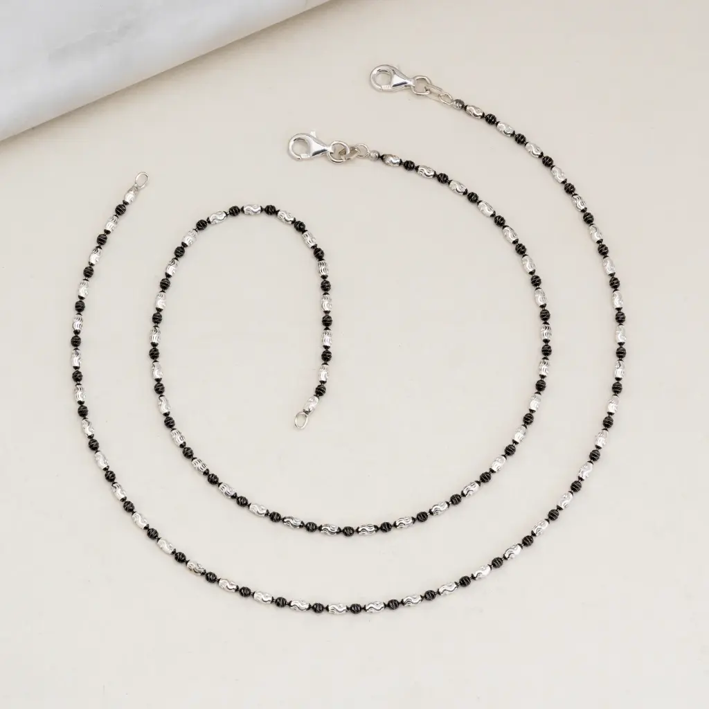 Black Beads Silver Anklet: